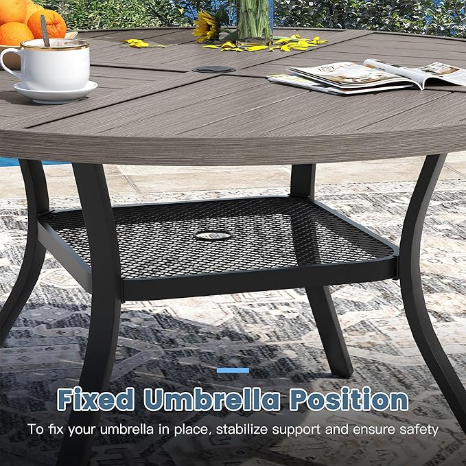 DIFY 47.2" Round Outdoor Patio Dining Table for 6, All-Weather Metal Steel Slatted Patio Table with 1.57" Adjustable Umbrella Hole, for Lawn Garden Porch Backyard, Grey Wood-Like