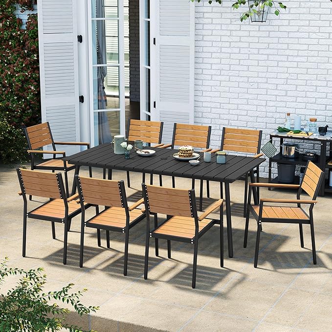 Outdoor Dining Table for 6-8, 82.7 inch Patio Dining Table with Wooden-Like Top and Aluminum Frame, Rectangular Table with Umbrella Hole Outdoor Furniture, Only Table, Black