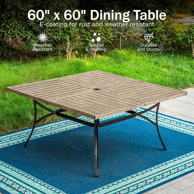 PHI VILLA 9-Piece Outdoor Dining Set for 8, 60" Wood-Like Square Metal Steel Dining Table & Rattan Wicker Chairs with Cushions, Patio Dining Set