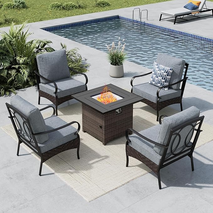 MFSTUDIO 5 Pieces Outdoor Patio Furniture Set, Metal Outdoor Conversation Sofa, Rattan Wicker Patio Sectional Sofa Set with 4 x Fixed Single Sofa, 1 x Fire Pit Table, Grey