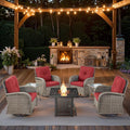 7 Piece Patio Furniture Set with Fire Pit Table - Wicker Patio Conversation Set with 4 Swivel Glider Chairs and 2 Tempered Glass Side Tables for Deck Backyard - Grey Wicker Red Cushion
