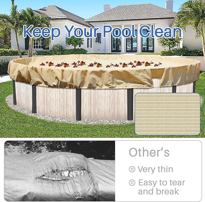 ECOOPTS 12 ft Round Pool Cover for Above Ground Pools, Swimming Pool Cover Protector Winter Safety Cover (Beige)