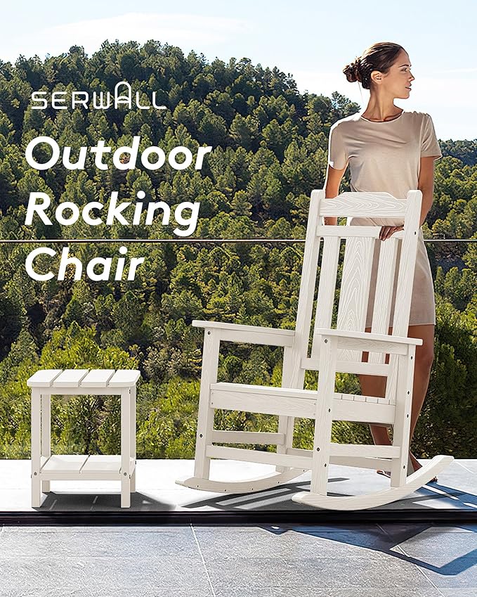 SERWALL White Outdoor Rocking Chair Set of 2, HDPE Outdoor Rocker