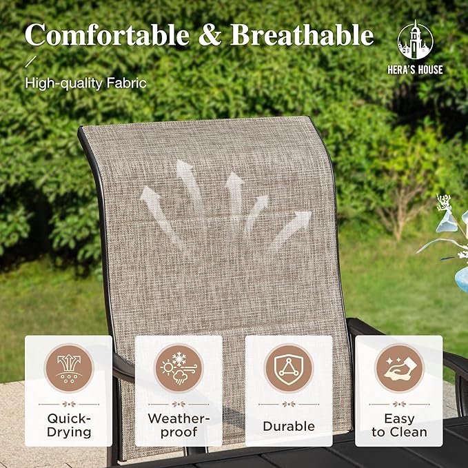 HERA'S HOUSE Outdoor Patio Dining Set of 7, 7 Piece Outdoor Table and Chairs Set of 1 Large Rectangular Patio Table and 6 Quick Dry Textilene Swivel High Back Rocking Chairs for Lawn, Park, and Garden