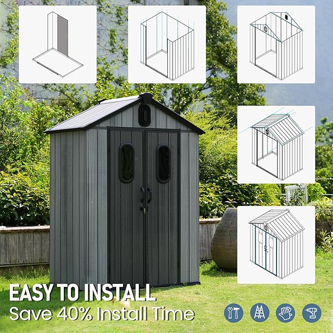 Domi 5x3 FT Outdoor Resin Storage Shed, All-Weather Double-Wall Storage Building for Backyard, Garden, Lawn Tools, Mower, Bike & Pool Equipment, Lockable Doors, Ventilated Roof, Grey