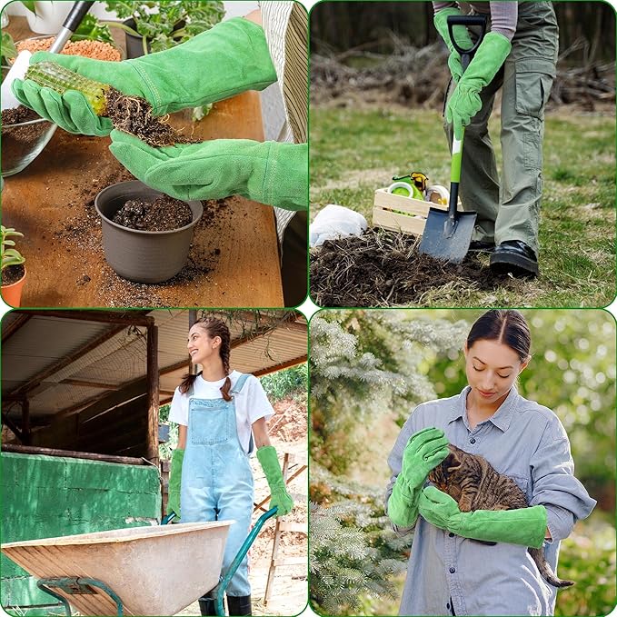HANDLANDY Leather Gardening Gloves, Thorn Proof Long Gauntlet Heavy Duty Garden Gloves, Elbow Length Rose Pruning Weeding Yard Glove (Small, Green)