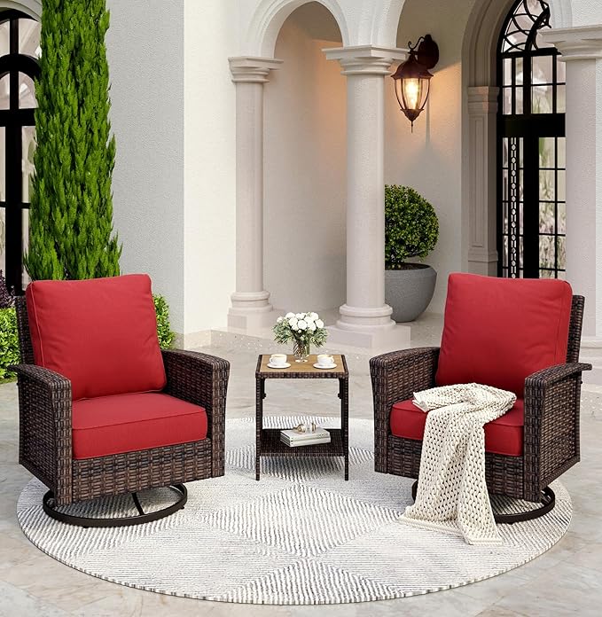 Patio Wicker Swivel Chairs Set of 2, Outdoor High Back Chairs with 5.5" Waterproof Cushions and Side Table, Outdoor Furniture Set for Deck Porch and Yard, Peacock Blue