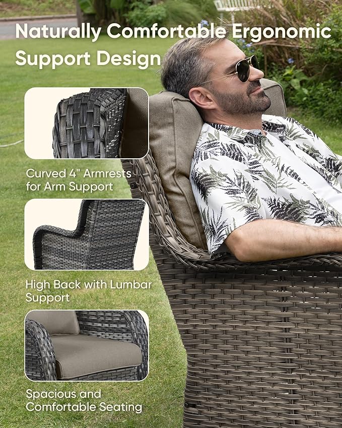 HUMMUH 5-Piece Patio Furniture Set with Fire Pit Table Wicker Outdoor Swivel Rocker Patio Chairs High Back Loveseat Conversation Set for Porch, Backyard, Deck