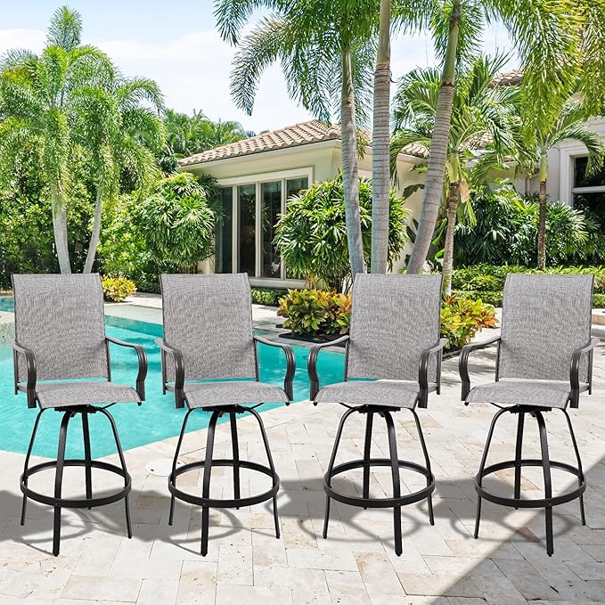 Vongrasig 4 Piece Patio Swivel Bar Chairs, All Weather Metal Textile High Swivel Bar Stools Chairs, Outdoor High Top Bistro Set for Backyard, Lawn Garden, Balcony, Light Grey