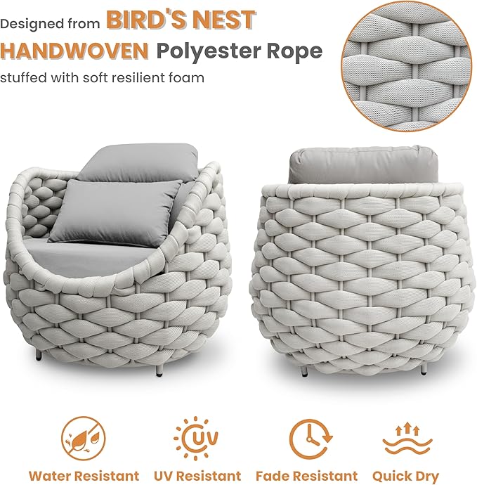 Patio Accent Chairs Set of 2: Aluminum Porch Lounge Chair with Arms - Woven Rope Cushioned Armchair - Modern One Seater Chair - Outdoor Deck Furniture for 400lbs Balcony Lanai Garden Hotel, Gray