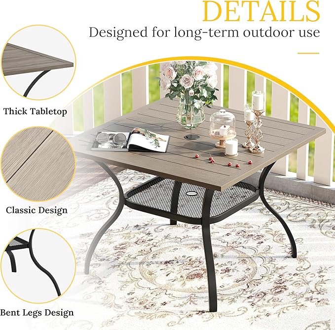VICLLAX 5 Pieces Patio Dining Set, 4 Seats Outdoor Furniture Includes 37.8" Square Outdoor Table and 4 Swivel Patio Chairs, Grey Wood Grain Tabletop and Sandshell Fabric