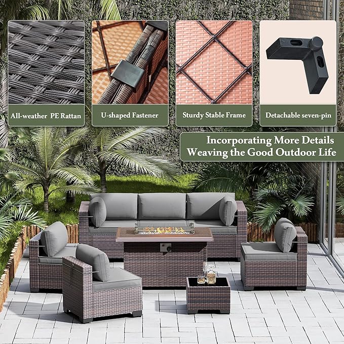 Outdoor Patio Furniture Sets with Propane Fire Pit Table, 10 Pieces Outdoor Furniture Patio Sectional Sofa Conversation Sets w/ETL Approved 43" Gas Outdoor Fire Table & Coffee Table (Grey)