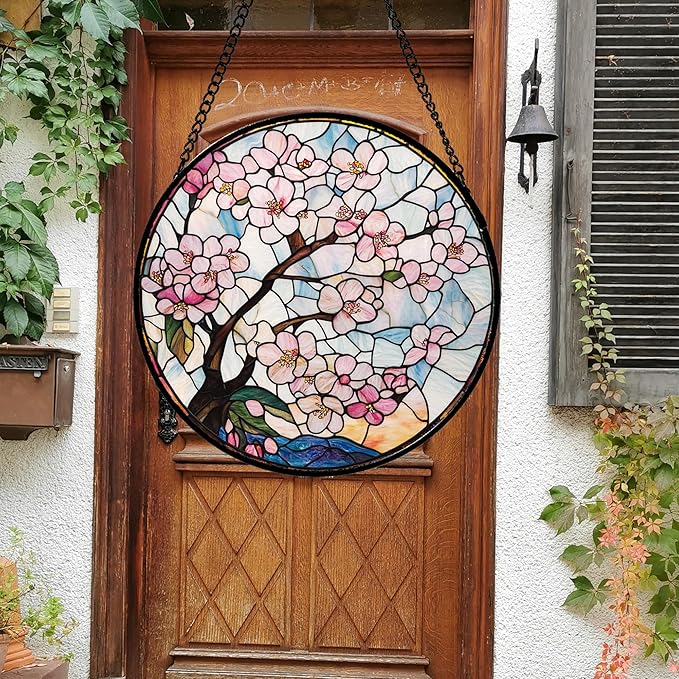 Stained Glass Window Hanging - Cherry Blossoms Suncatcher for Door Garden Home Decor Pink Flowers Sun Catcher Christmas Birthday for Friend Lovers Women Mom Nana 6.3 in