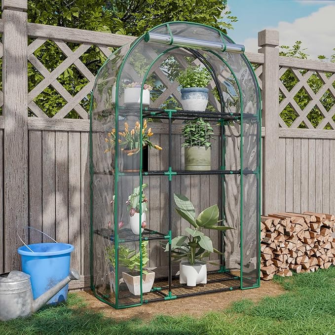 4-Tier Mini Greenhouse, 40 x 18 x 63 inch Steel Frame and PE Cover Plastic Plant Rack Stand Green House with Plant Repotting Mat for Indoor & Outdoor Use (Clear)