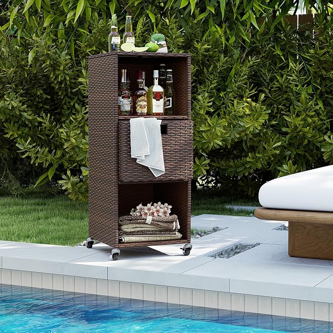 Tangkula Rattan Outdoor Storage Cabinet, Patiojoy Outdoor Wicker Cabinet with 3 Shelves, 1 Removable Drawer, 4 Wheels, Patio Storage Deck Box Cart for Backyard Poolside Porch (Mix Brown)