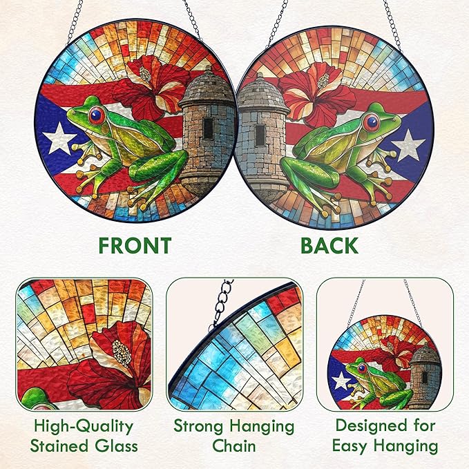 FLAGWIX Christmas Puerto Rico Gifts - Stained Glass Window Hanging 10 in - Puerto Rican Gifts for Women Men, Coqui Sun Catchers Indoor, House Warming Gift for Mom Dad Puerto Rican, Friend Gift Ideas