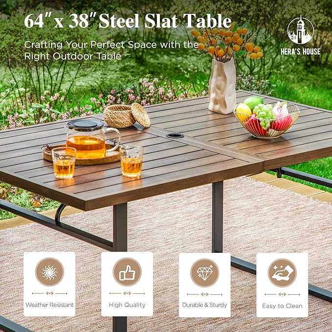 HERA'S HOUSE 7-Piece Outdoor Dining Set for 6, 64" Weather-Resistant Metal Patio Table with 6 Foldable Blue Chairs, Perfect for Garden, Backyard, Porch & Lawn (Space-Saving Design)