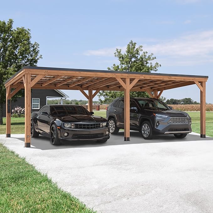Backyard Discovery Arcadia 24' x 12' Cedar Wood Outdoor Gazebo Pavilion with Hardtop Galvanized Steel Slope Roof, Snow Support, Wind Resistance, PowerPort, Shade for Garden, Patio, Deck, Entertaining
