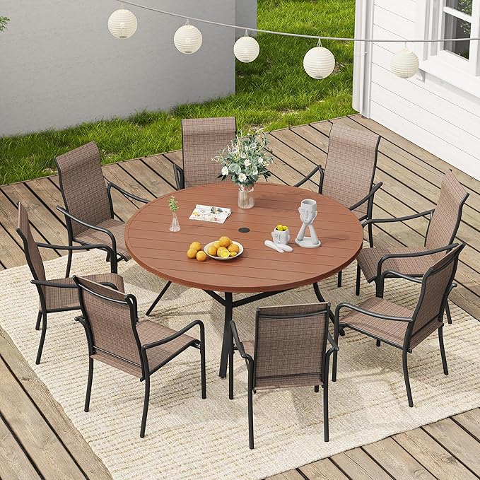VICLLAX Outdoor Patio Round Dining Table, 56.3"x 56.3" Plastic Tabletop for Deck Lawn Garden Backyard, Walnut