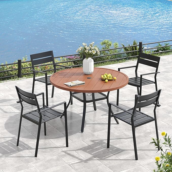 VICLLAX Outdoor Patio Round Dining Table, 41.7"x 41.7" Plastic Tabletop with Storage Shelf for Deck Lawn Garden Backyard, Walnut