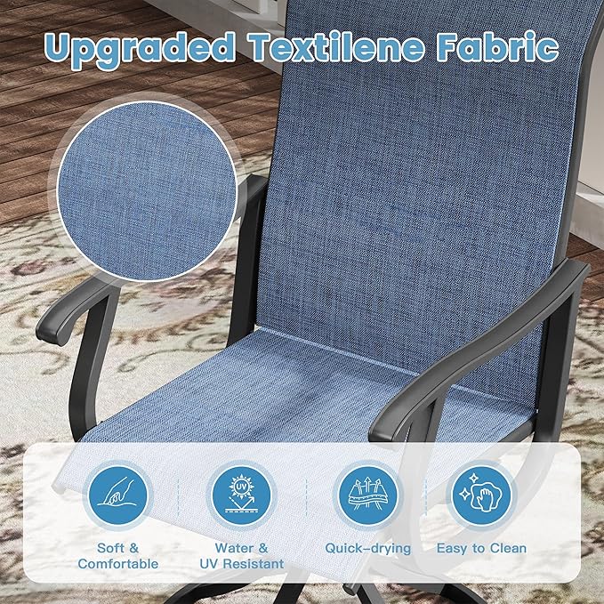 DIFY 3 Pieces Outdoor Patio Dining Set for 2, 27.6" Small Black Square Metal Dining Table and 2 Blue Textilene Swivel Dining Chairs, Outdoor Table and Chairs