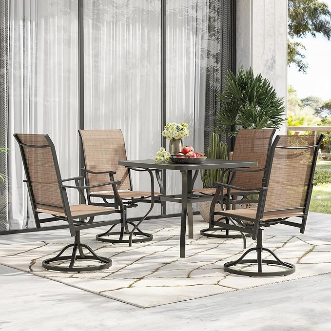 Patio Swivel Chairs Set of 4, Outdoor Dining Chairs with Textilene, Swivel & Rocker Metal Outdoor Patio Dining Chair All-Weather for Backyard, Brown Fabric with Black Frame