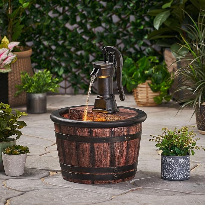 Merax 26.5" High Handcrafted Floor Fountain – Weather-Resistant Outdoor Water Feature with LED Lights, Barrel Design for Garden Patio Yard