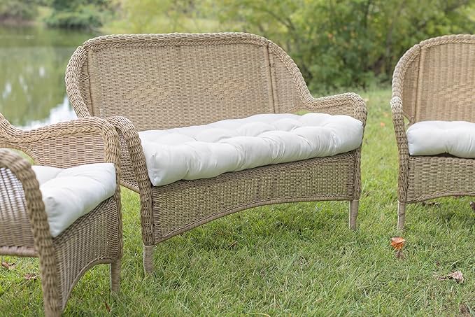 RSH DECOR: Sunbrella Tufted Wicker Loveseat Cushion | 41” x 19" | Water and Fade-Resistant Performance Fabric | Outdoor Settee Cushion for Patio Furniture | Canvas White