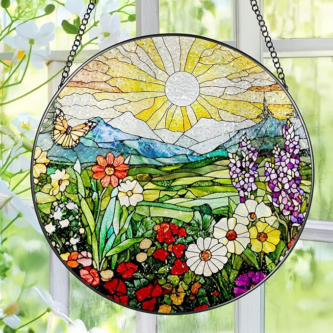 8 Inch Mountain Wildflowers Stained Glass Suncatcher, Suncatchers for Windows Hanging, Window Decor, Grandma Mom Gift for Her, Mother's Day Christmas Birthday