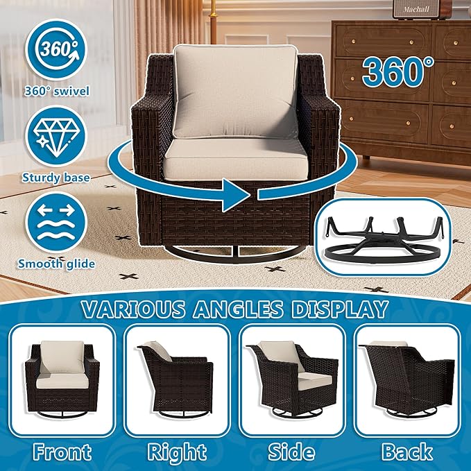 Vista Vibe 3 Pieces Outdoor Patio Conversation Furniture Set - 360 Degree Swivel Glider Rocker Chairs | Wicker End Table, Washable Cushions, Hand-Woven PE Rattan, Lawn, Sunroom (Brown/Beige)
