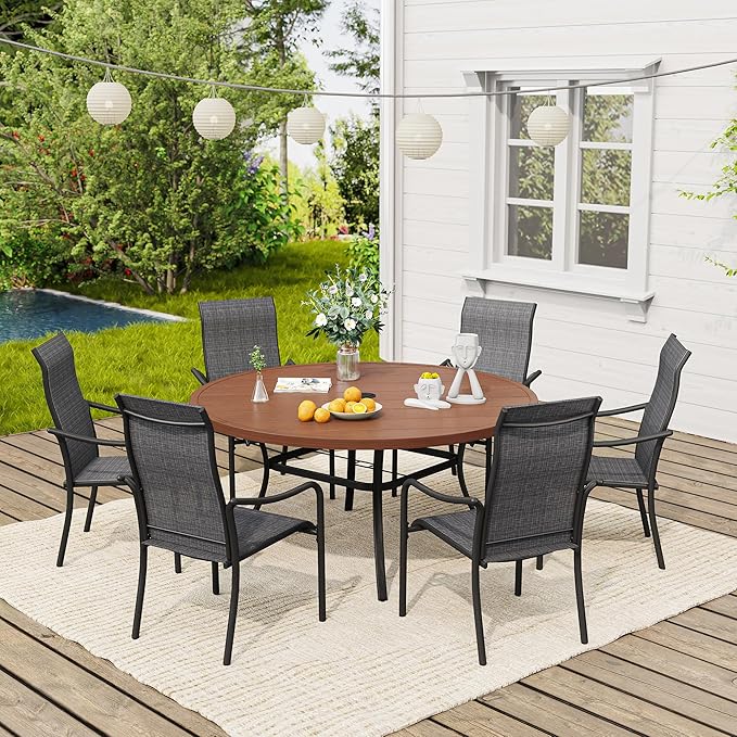 VICLLAX Outdoor Patio Round Dining Table, 53"x 53" Metal Slatted Round Tabletop with Adjustable Umbrella Hole for Deck Lawn Garden Backyard, Walnut