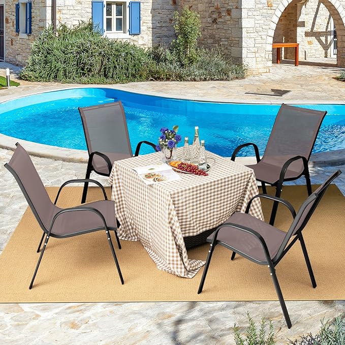 Tangkula 4 Pieces Patio Dining Chairs, Outdoor Stackable All Weather Heavy Duty Dining Chairs Set with Armrests, Support 330 LBS, for Poolside, Backyard, Garden, Deck, Front Porch (Brown)