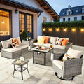 ovios 9 Pieces Patio Furniture Set, Outdoor Wicker Sectional Sofa with 30" Fire Pit Table Swivel Chair, Modern Modular Deep Seat Rattan Couch Conversation Sets, Beige
