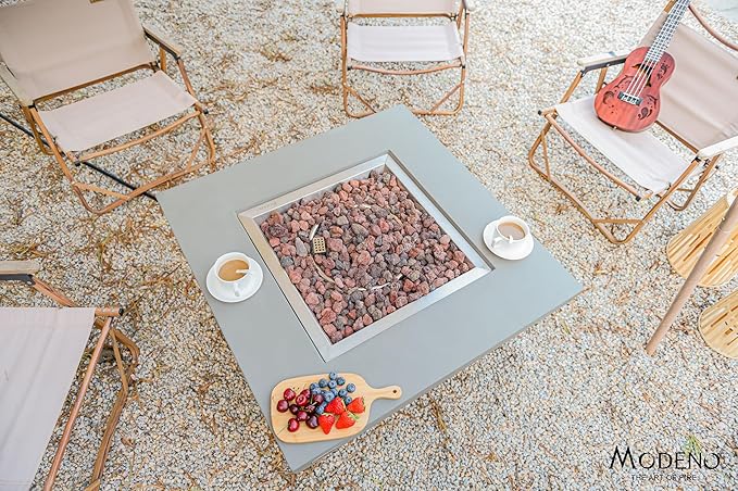 AMS Fireplace | Modeno Westport Package | Light Gray Liquid Propane Gas Fire Pit Table for Outside Patio Bundle with Tank Cover, Wind Guard, & SS Burner Lid | Free Ice Bucket & Rubber Mat
