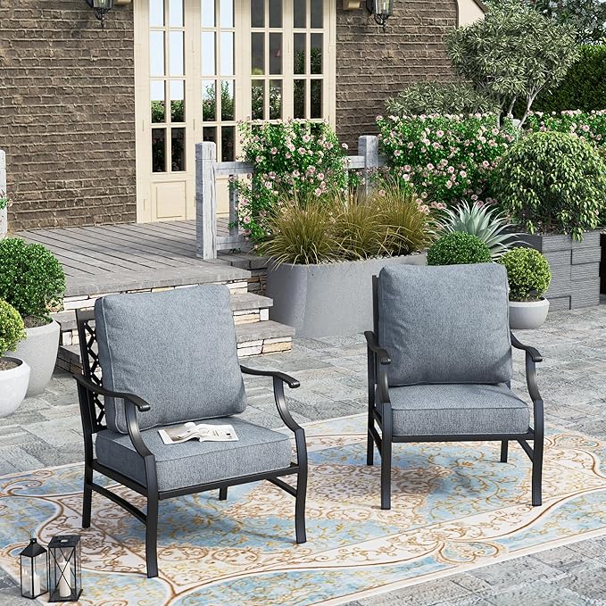 HERA'S HOUSE Outdoor Chairs Set of 2, 2 x Patio Chair with Grey Cushions, All Weather Outdoor Furniture for Lawn Garden Backyard Deck(Leg Chairs)
