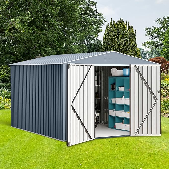 10x10 FT Outdoor Metal Storage Shed, Large Metal Storage Sheds with Sturdy Frame Structure, Garden Tool Shed with Lockable Door for Garden, Lawn, Backyard, Gray