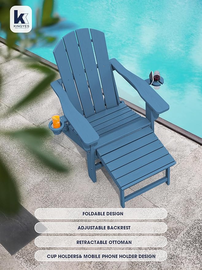 KINGYES Folding Adjustable Adirondack Chair with Ottoman & 2 Cup Holders Set of 6, HDEP Reclining Adirondack Chair with Footrest, Brown