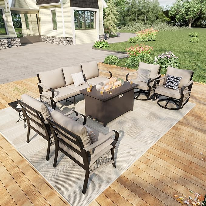 7 Pieces Outdoor Patio Conversation Sets with All Weather Cushions, Metal 3-Seater, 2 Swivel Rockers, 2 Single Chairs, 1 Side Tables, 1 Fire Pit Table for Backyard Deck Porch Poolside, Beige