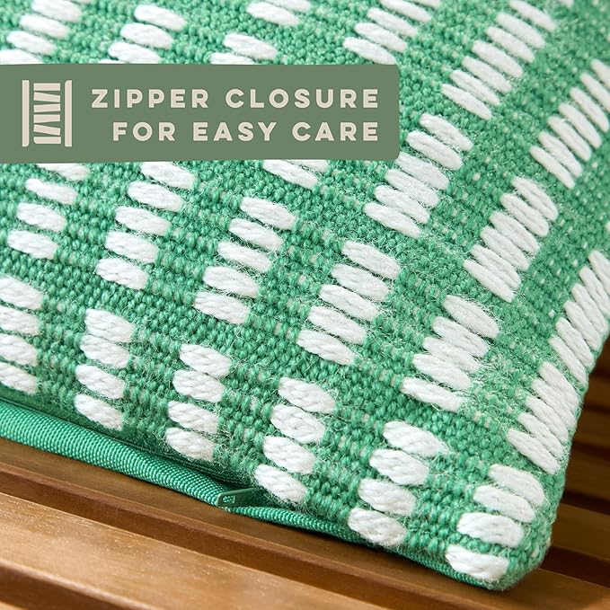 TOWN & COUNTRY TERRA Alara Textured Geo Stripe Handcrafted Indoor Outdoor Decorative Pillow, 100% Recycled Materials, UV Fade Resistant, Water Repellent, Green/Ivory, 14"x20"