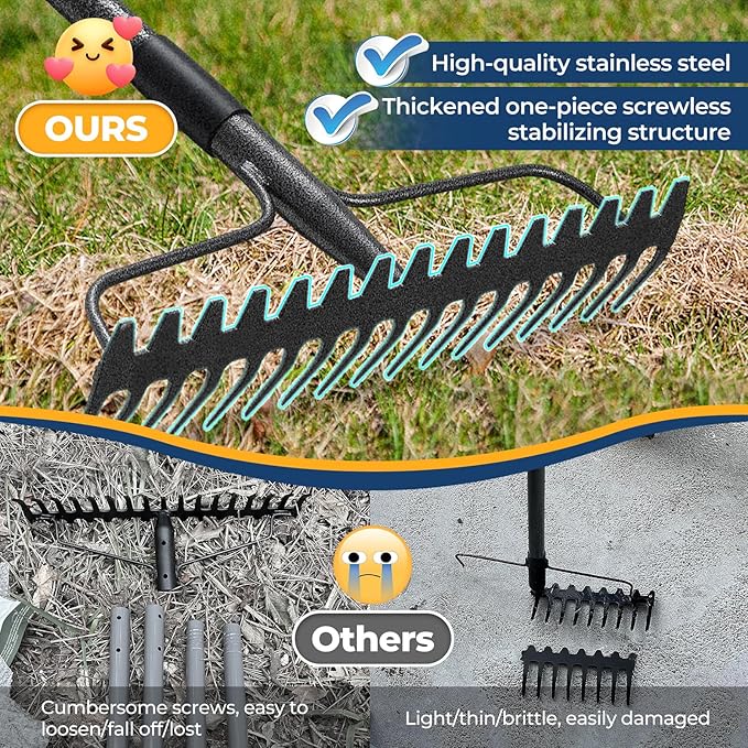 49" Rake - 17" Extra Wide Garden Tool with Double-Sided Head, Heavy Duty Lightweight Stainless Steel Construction for Mulching & Debris Removal, Leveling Lawn, Loosening Soil, Leaf Cleanup, Soil Prep