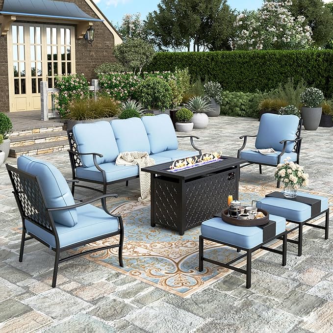 HERA'S HOUSE 6 Pieces Patio Furniture Set with Fire Pit Table, 2 x Single Chair, 2 x Ottoman, 3-Seat Sofa with 45" Fire Pit Table, Outdoor Conversation Set for Garden, Poolside, Backyard, Blue