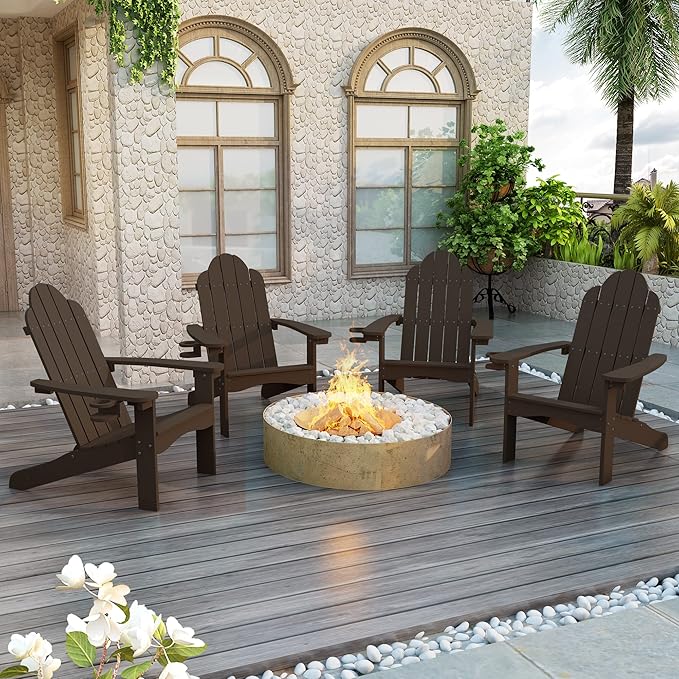 LUE BONA HDPS Adirondack Chairs Set of 8, Fire Pit Outdoor Chair Weather Resistant with Cup Holder, Modern Plastic Chair Plastic for Patio, Deck, Proch, 350LBS, Dark Brown