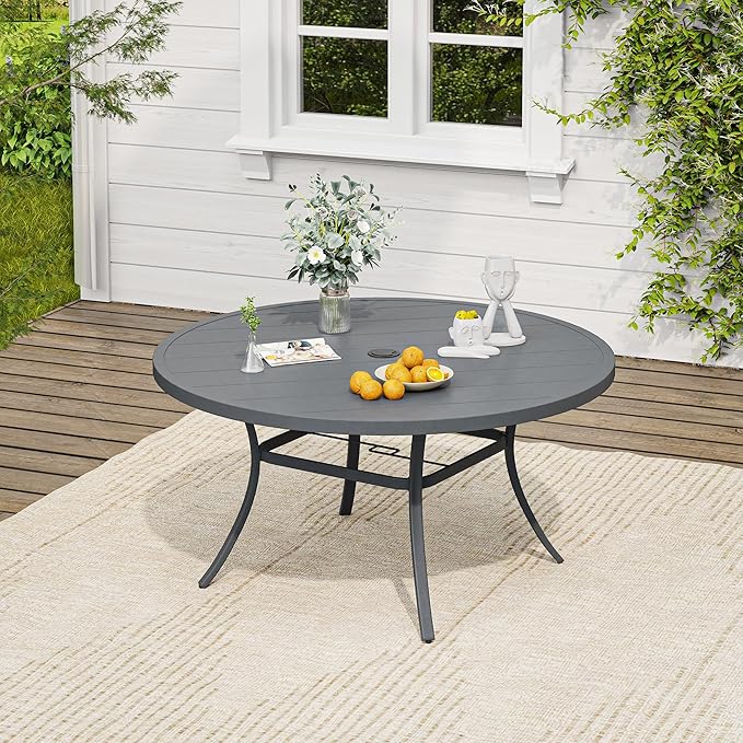 VICLLAX Outdoor Patio Round Dining Table, 50"x 50" Metal Slatted Round Tabletop with Adjustable Umbrella Hole for Deck Lawn Garden Backyard, Dark Grey