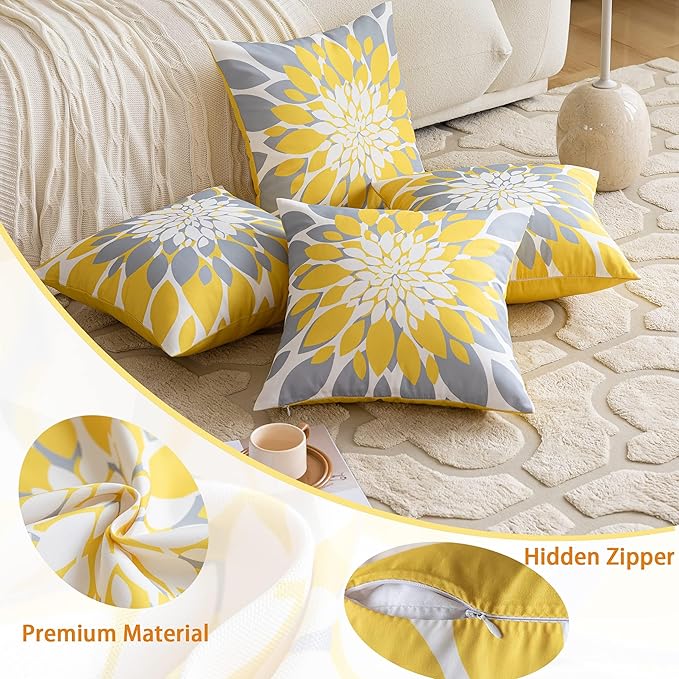 Qahing Pack of 4 Fall Outdoor Waterproof Pillow Covers 18x18 Decorative Outdoor Throw Pillows Garden Square Cushion Cases for Patio Furniture, Couch, Tent Sunbrella, Bench, Mustard Yellow Grey