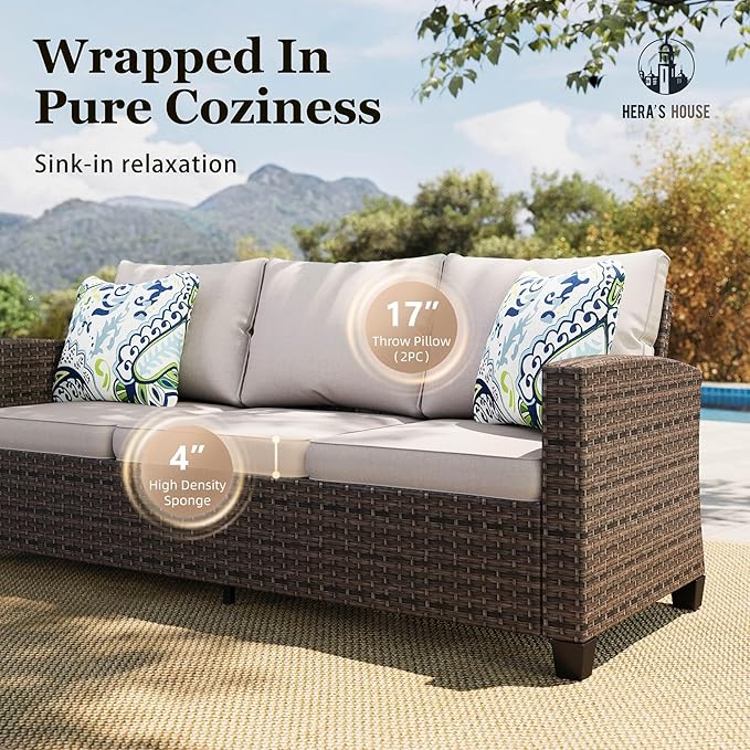 HERA'S HOUSE Wicker Patio Furniture Set, Outdoor Furniture with Fire Pit Table, 6 Pieces Patio Conversation Set with Ottomans, Outside Sofa Sets for Poolside Backyard, Beige