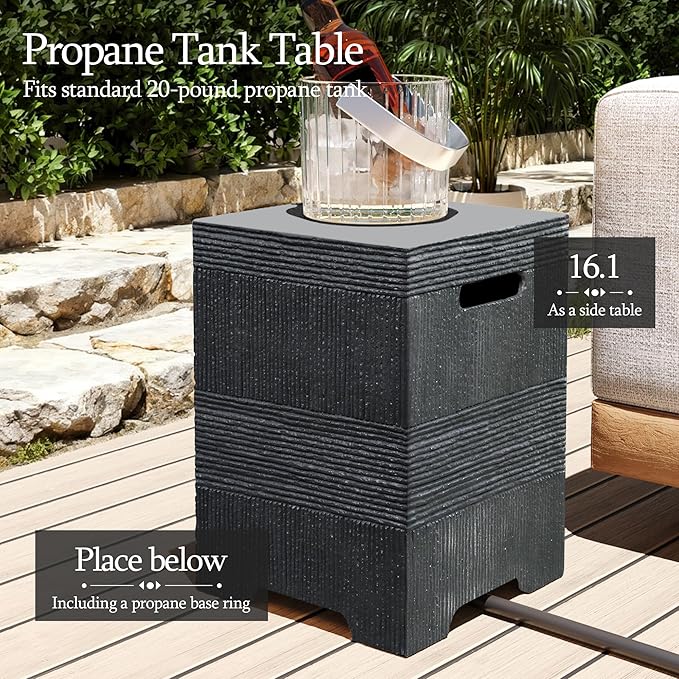 UPHA 42-inch Outdoor Propane Gas Fire Pit Table 50000 BTU Concrete Rectangle FirePit for Outside Patio with Propane Tank Cover, Wind Guad, Navyblue Fire Glass, Rain Cover, Grey Texture