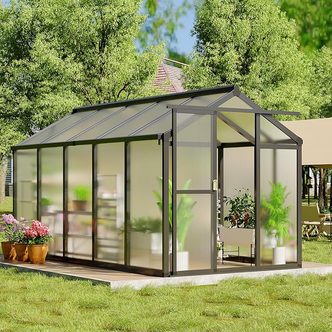 6x10 FT Greenhouse for Outdoors, Polycarbonate Greenhouse with Roof Vent, Ground Nails, Lockable Push Door, Aluminum Large Walk-in Green House for Outside Garden Backyard, Patio, Lawn, Black