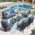 PHI VILLA 7 PCS Patio Furniture Set,Metal Outdoor Furniture with 1x 3 Seater Cushioned Deep Seating Bench Sofa, 2 Swivel Chair, 2 x Leg Chairs & 2 Ottoman for 7 Person, Navy Blue