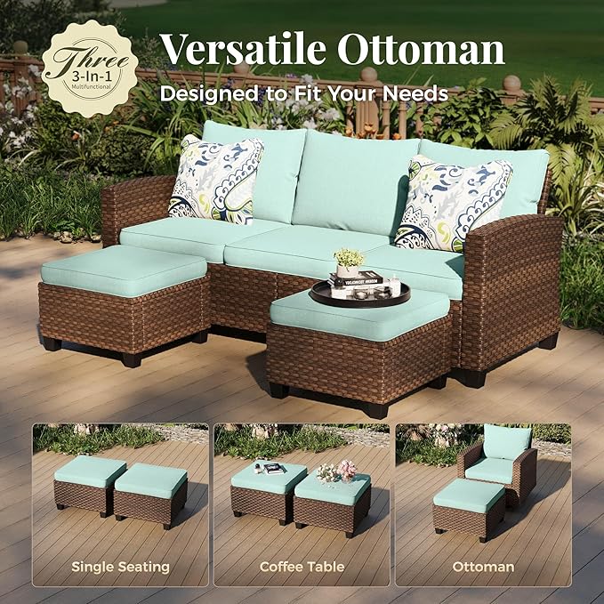 Patio Furniture Set, 6 Pcs Wicker Rattan Outdoor Conversation Set, 2 x Leg Chairs, 1 x 3 Seater Sofa and 2 x Ottoman with 4" Thick Cushion and 32" Fire Pit Table, Blue