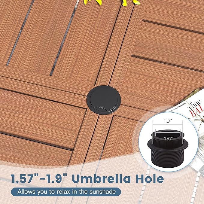 DIFY 40.6" Round Outdoor Patio Dining Table for 4, All-Weather Metal Steel Slatted Patio Table with 1.57" Adjustable Umbrella Hole, for Lawn Garden Porch Backyard, Walnut